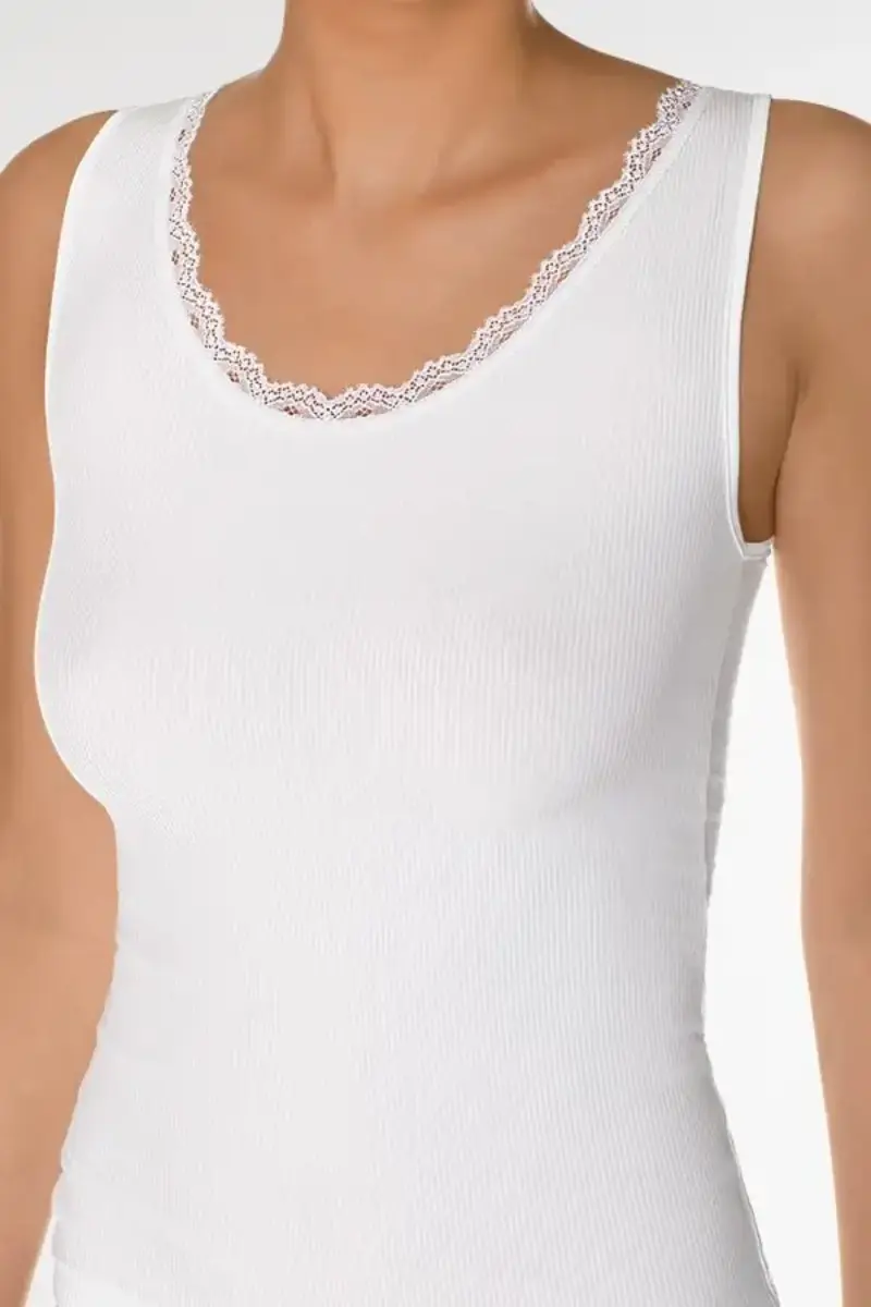 Nina von C rib dames hemd kant - Body & Soul - Modal kanten dames onderhemd - Wit - Zwart