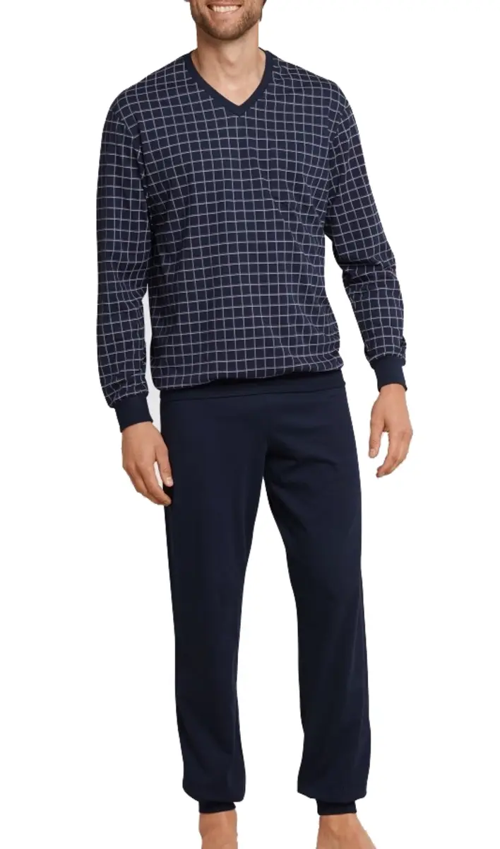 Schiesser pyjama heren katoen - Dark Sapphire - Nos - 100% Katoenen tricot heren pyjama blauw