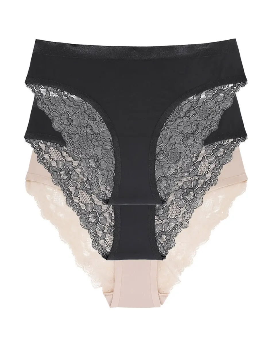 Dorina slips 3-pack Crystal - kant - Zwart/Huidskleur