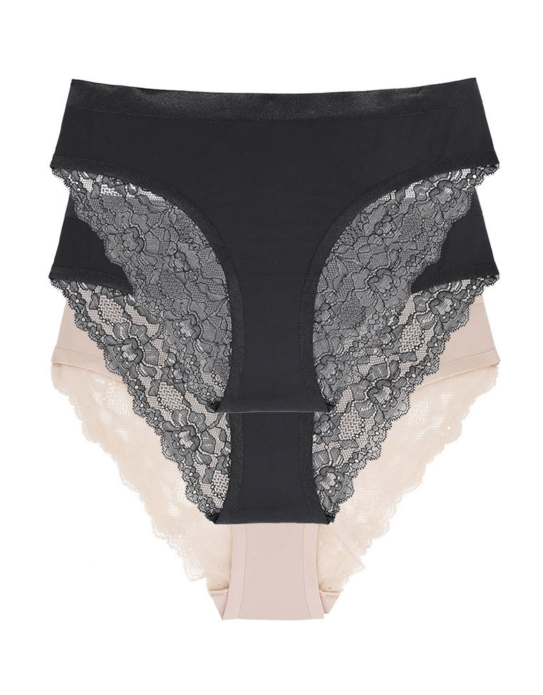 Dorina slips 3-pack Crystal - kant - Zwart/Huidskleur