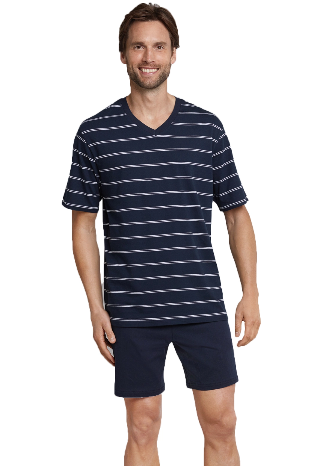 Schiesser heren shortama - Blue Stripe - Katoenen zomer heren pyjama korte broek - Korte mouwen