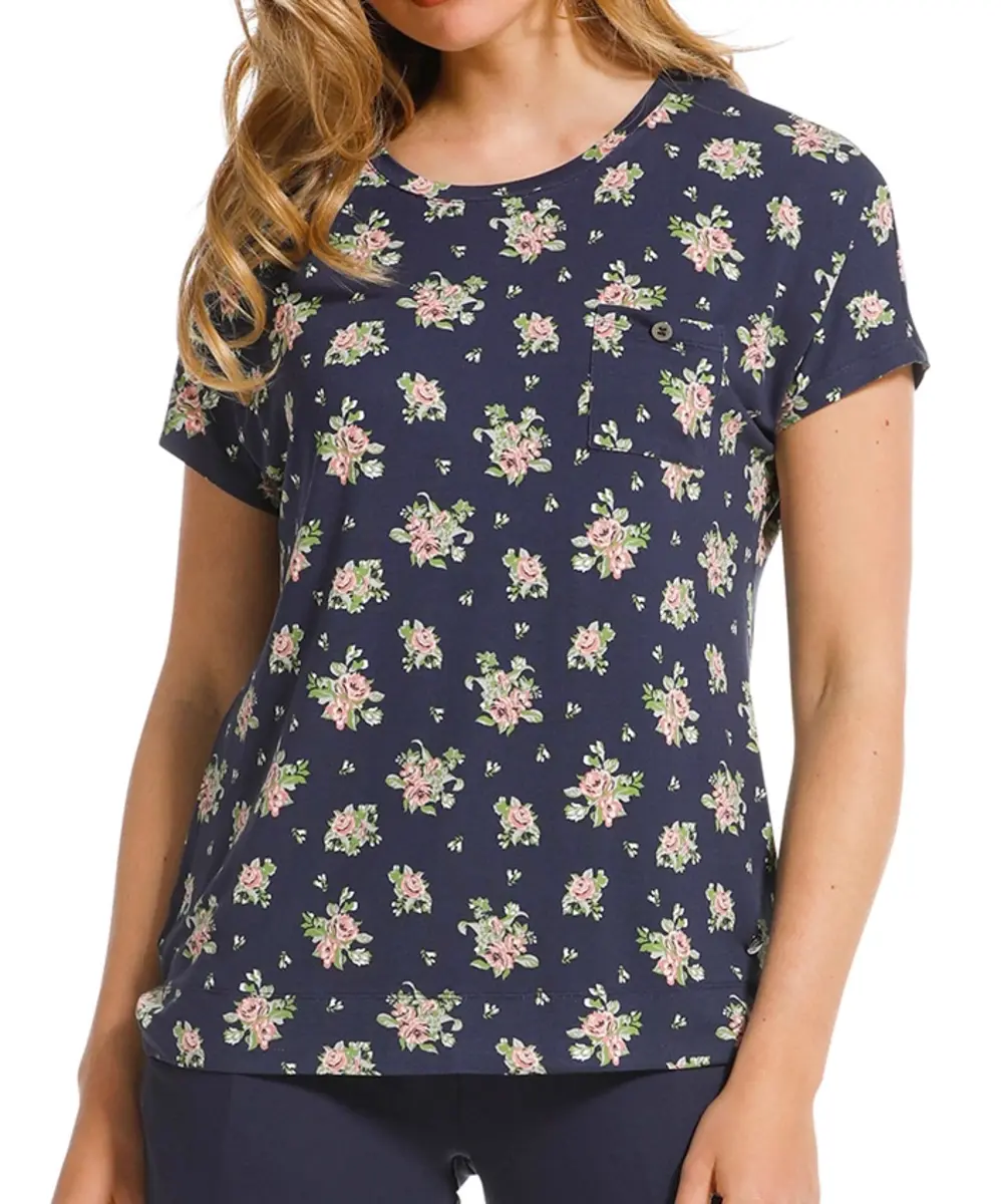 Pastunette pyjama top dames - Deluxe - NOS - Donkerblauw pyjama shirt korte mouw - Bloemen print
