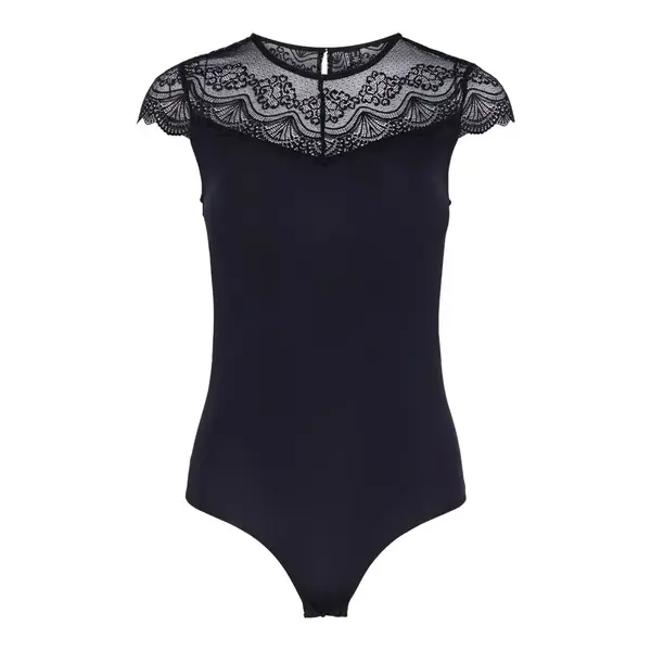 Pieces kanten body - Sinna Bodystocking - kanten body korte mouw zwart - hoge hals Pieces kanten body - Sinna Bodystocking - kanten body korte mouw zwart - hoge hals