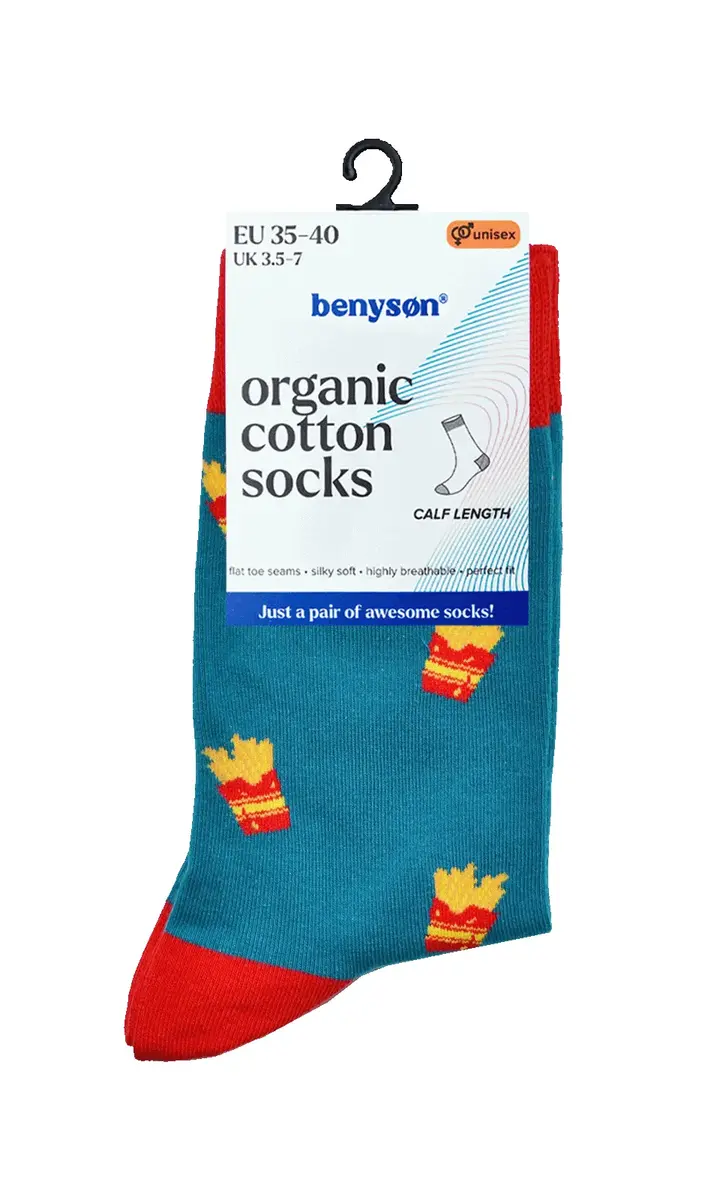 Benyson Sokken Frietjes - Organisch katoen - Vrolijke katoenen sokken met leuke en grappige print - Dames - Heren