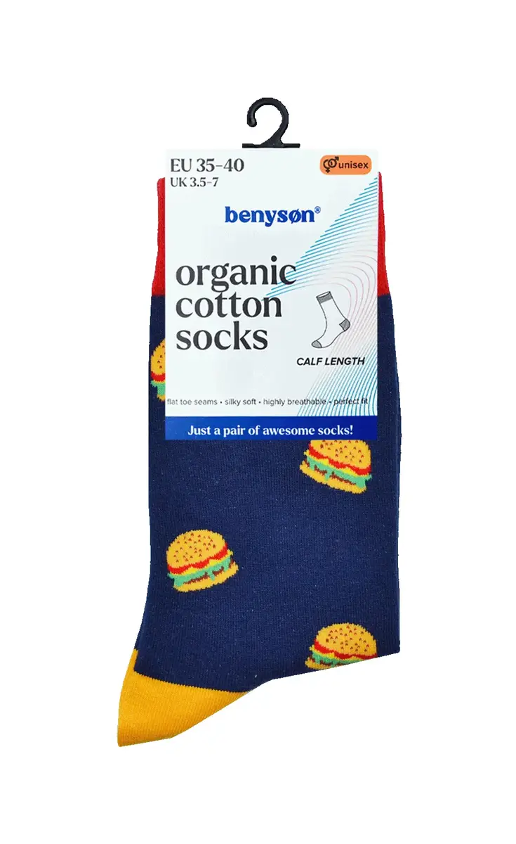 Benyson Sokken Hamburger - Organisch katoen 1- Paar - Vrolijke katoenen sokken met leuke en grappige print - Dames - Heren
