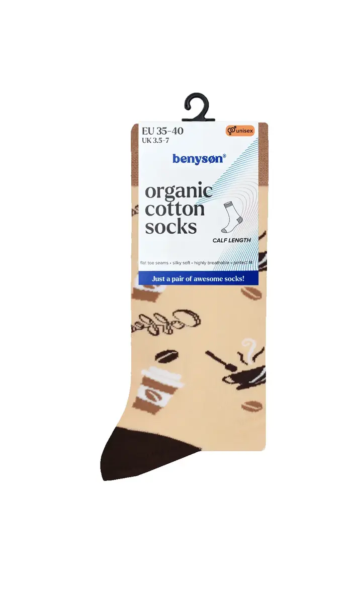 Benyson Naadloze Sokken Koffie - Organisch katoen 1- Paar - Vrolijke katoenen sokken met leuke en grappige print - Dames - Heren
