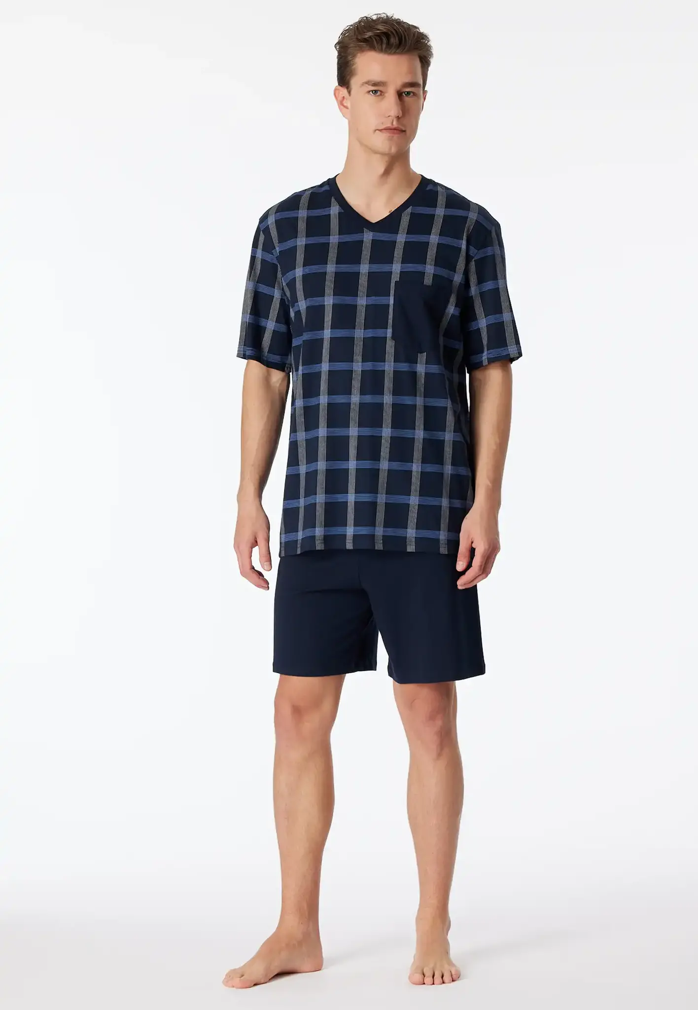 Schiesser heren shortama - Dark Blue square - Katoenen zomer pyjama mannen