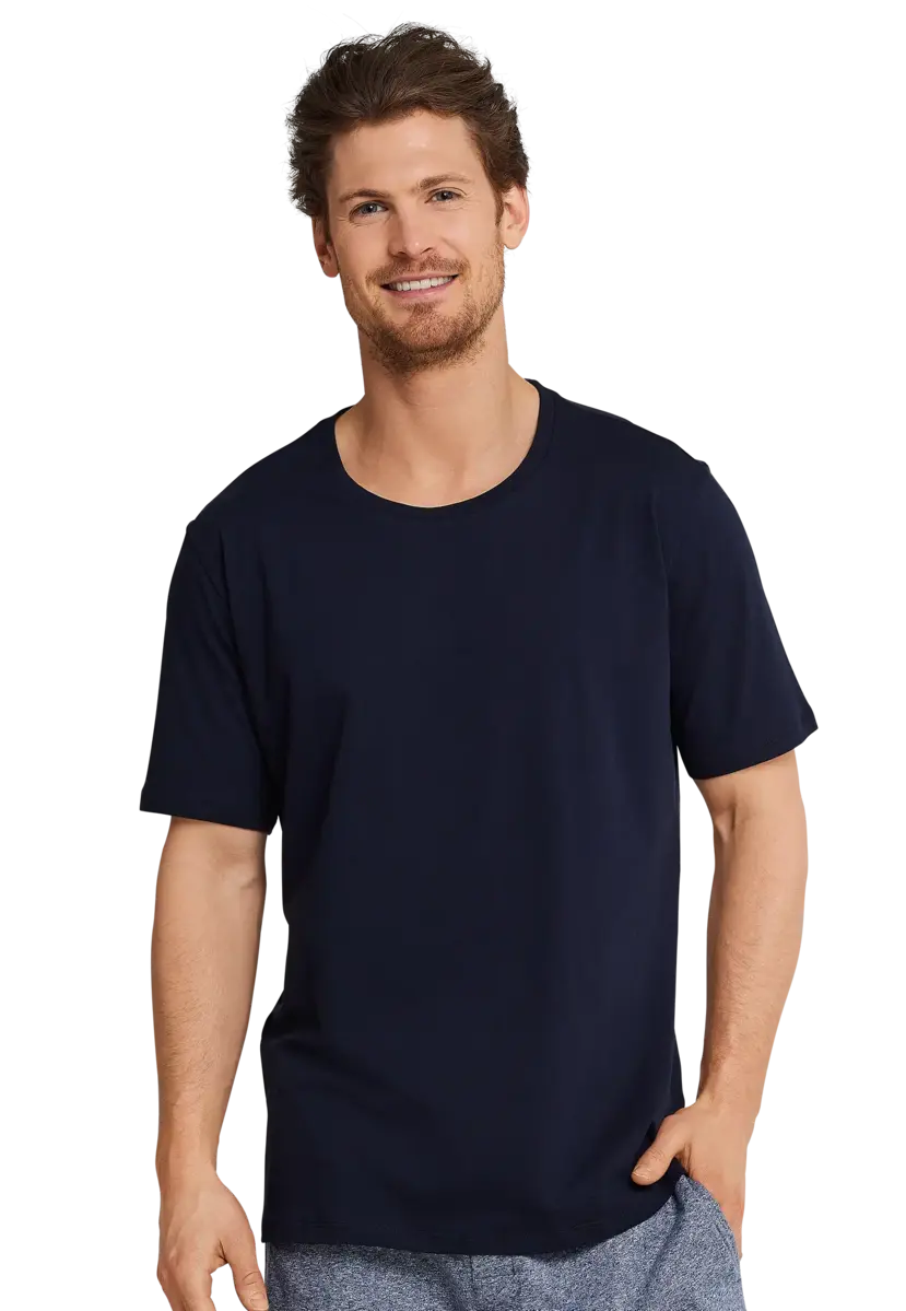 Schiesser heren pyjama shirt korte mouw - Donkerblauw - 100% katoenen los pyjamashirt voor heren