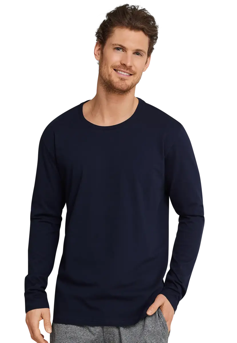 Schiesser heren pyjama shirt lange mouw - Donkerblauw - 100% katoenen los pyjama shirt