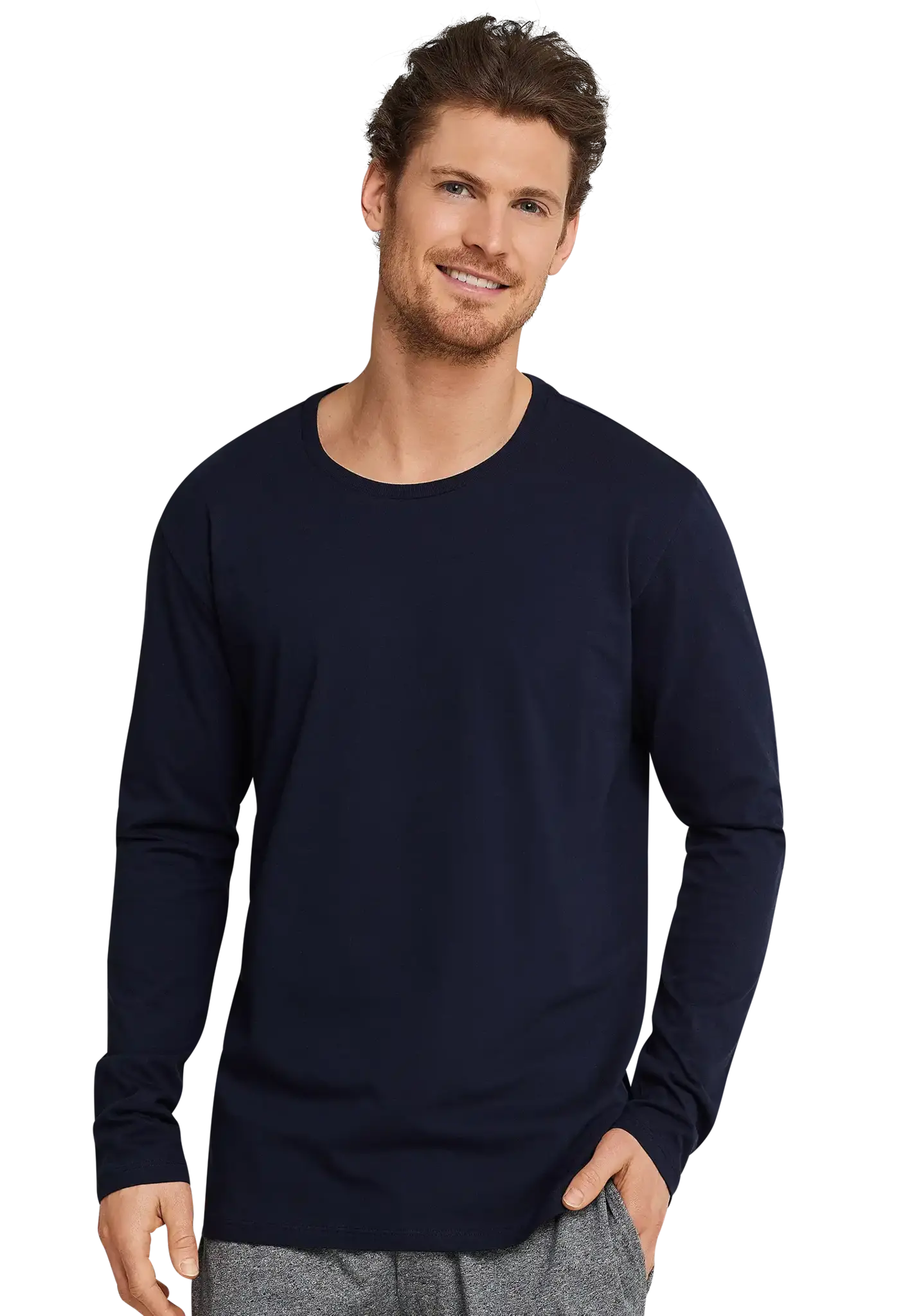 Schiesser heren pyjama shirt lange mouw - Donkerblauw - 100% katoenen los pyjama shirt