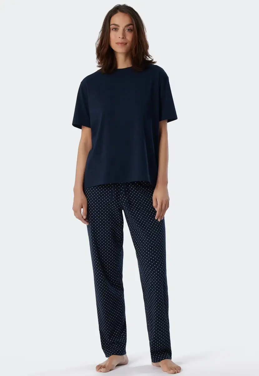 Schiesser dames pyjamashirt korte mouw - Mix & Relax - Los wijd katoenen pyjama shirt donkerblauw Schiesser dames pyjamashirt korte mouw - Mix & Relax - Los wijd katoenen pyjama shirt donkerblauw