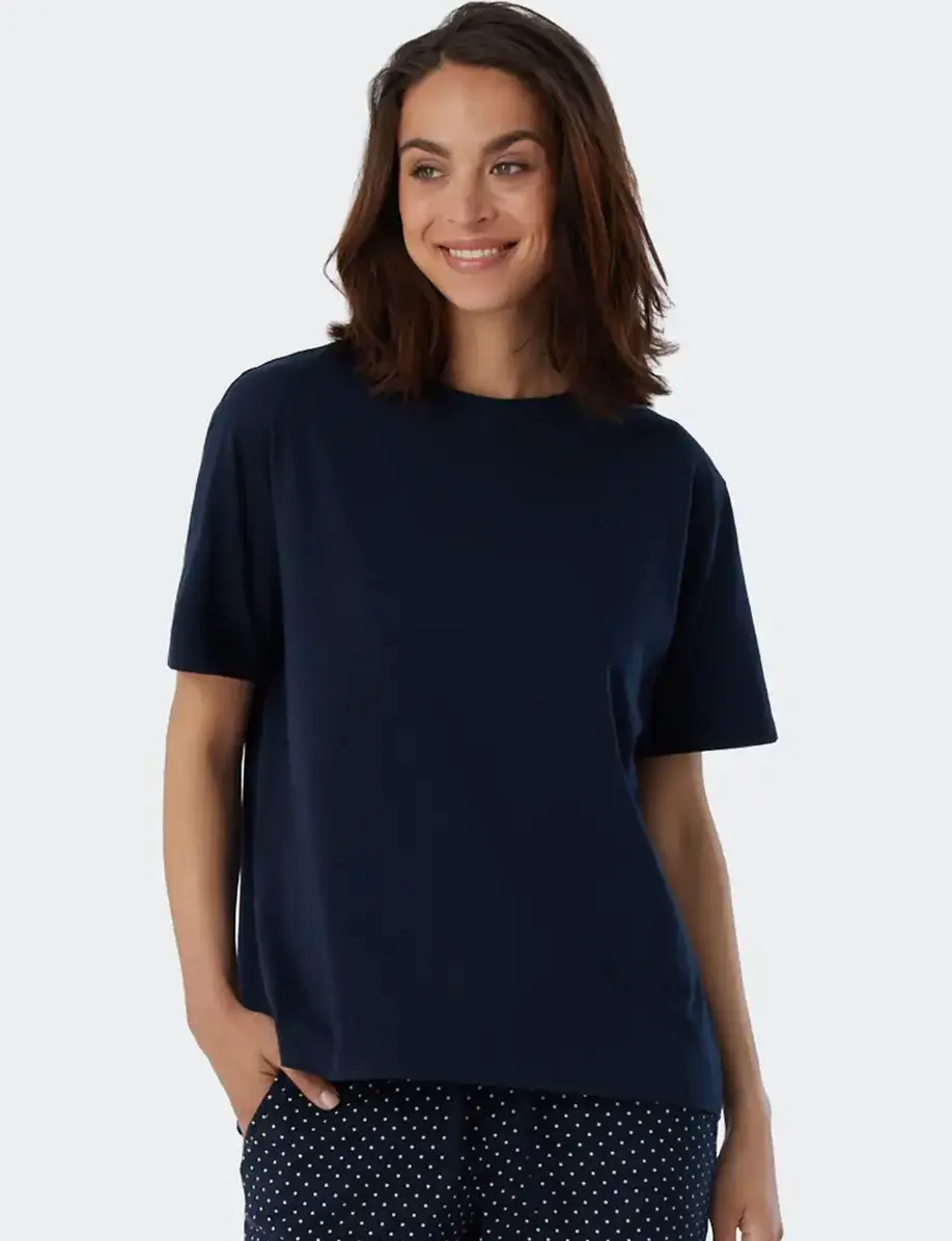 Schiesser dames pyjamashirt korte mouw - Mix & Relax - Los wijd katoenen pyjama shirt donkerblauw
