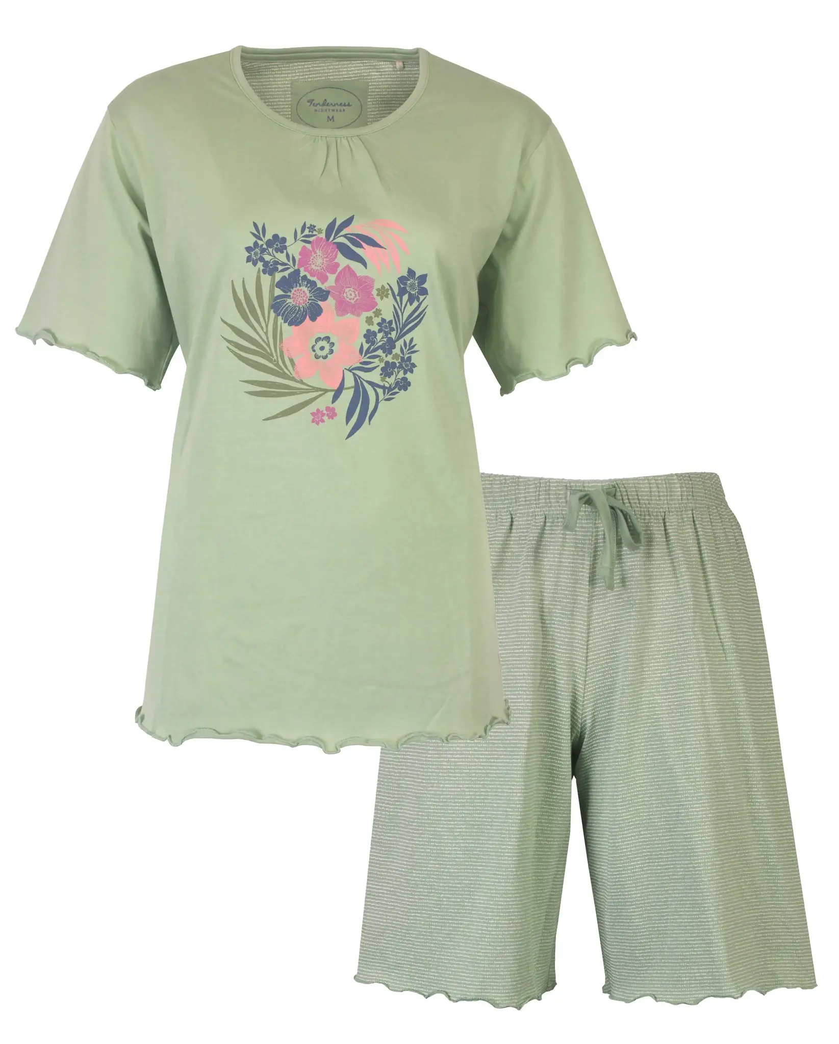 Tenderness dames shortama katoen - Green Flower - Capri zomer pyjama groen