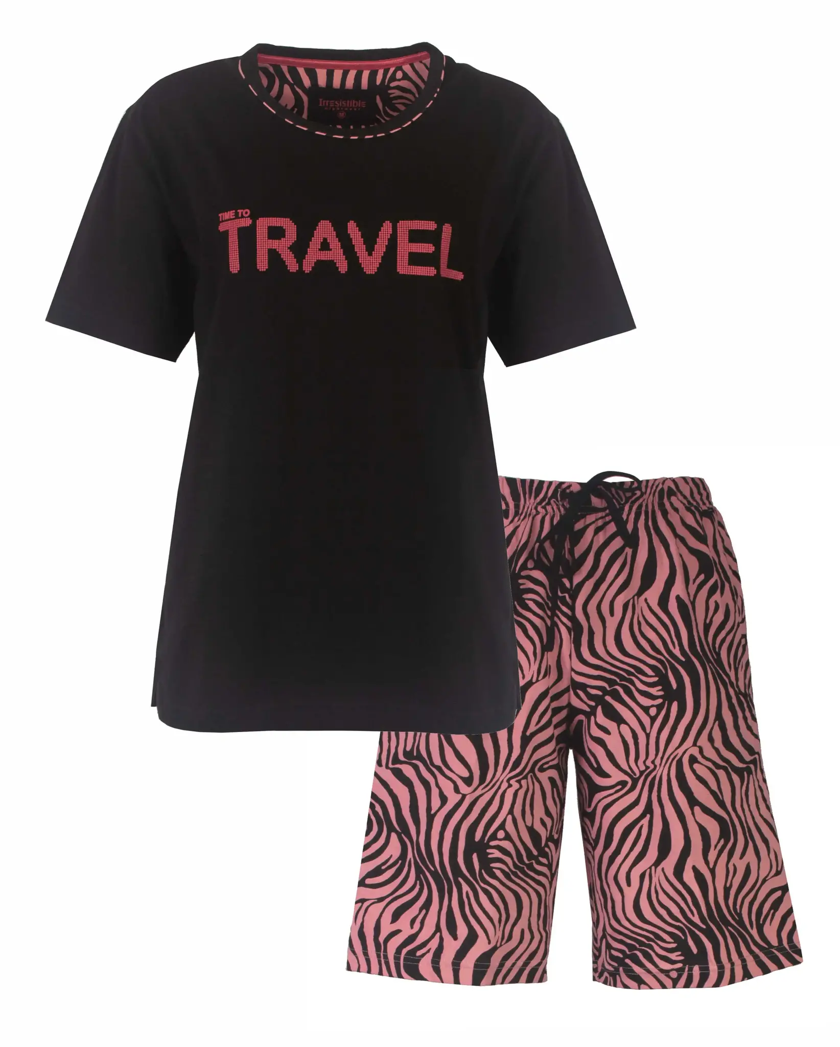 Irresistible dames shortama Katoen - Travel - Donkere 100% katoenen zomer pyjama