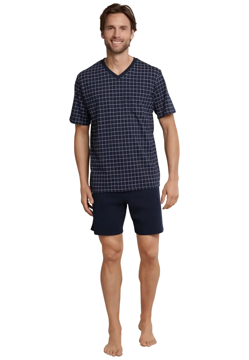 Schiesser heren shortama - Ebony Blue - Ruit - Katoenen zomer pyjama korte broek korte mouw