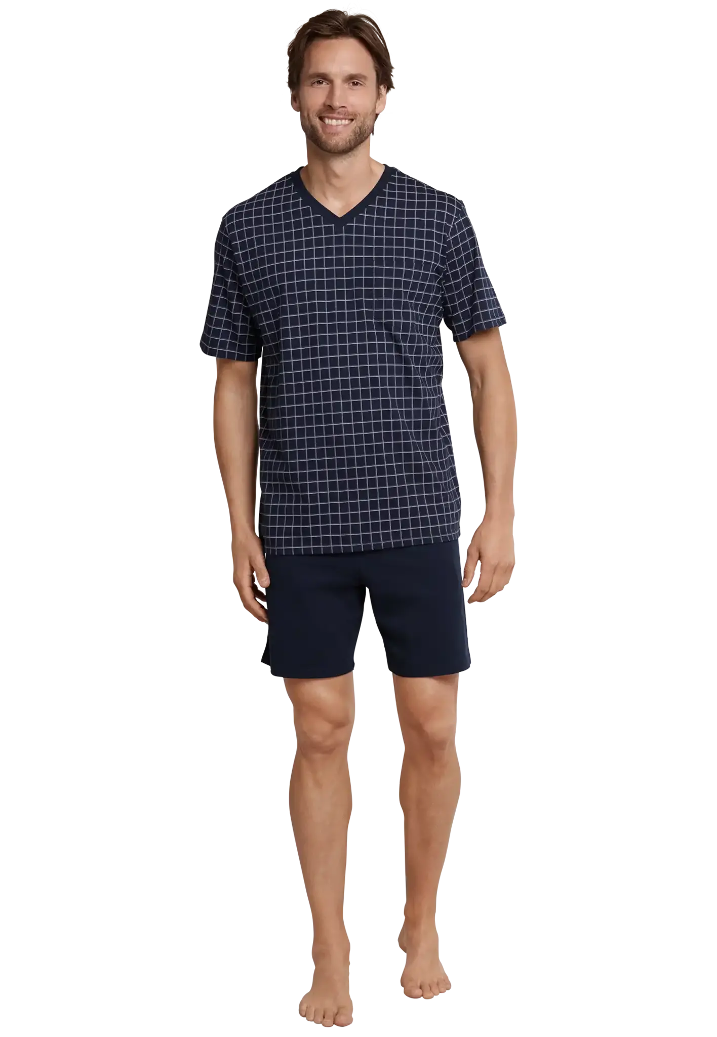 Schiesser heren shortama - Ebony Blue - Ruit - Katoenen zomer pyjama korte broek korte mouw