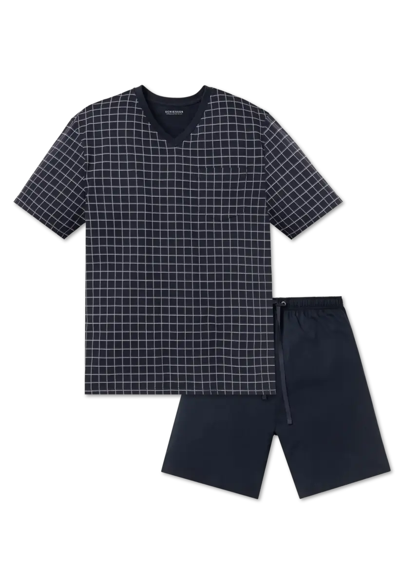 Schiesser heren shortama - Ebony Blue - Ruit - Katoenen zomer pyjama korte broek korte mouw