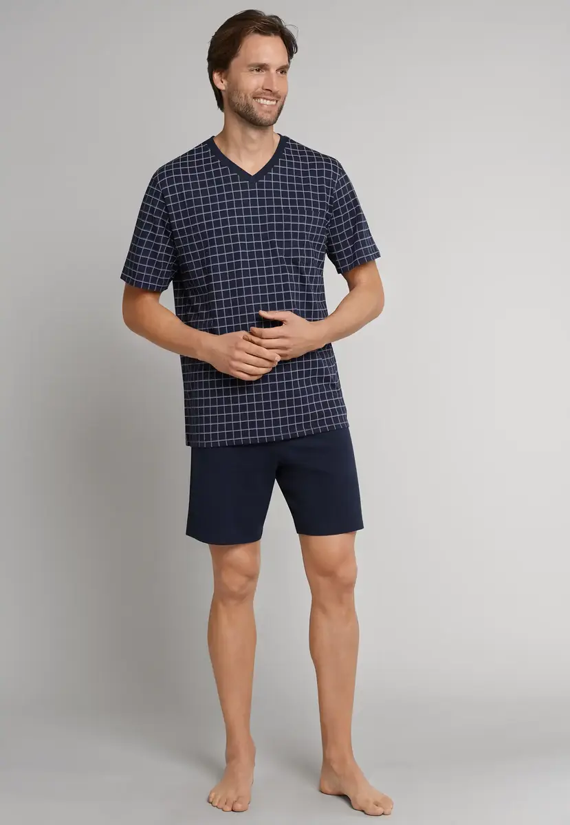 Schiesser heren shortama - Ebony Blue - Ruit - Katoenen zomer pyjama korte broek korte mouw
