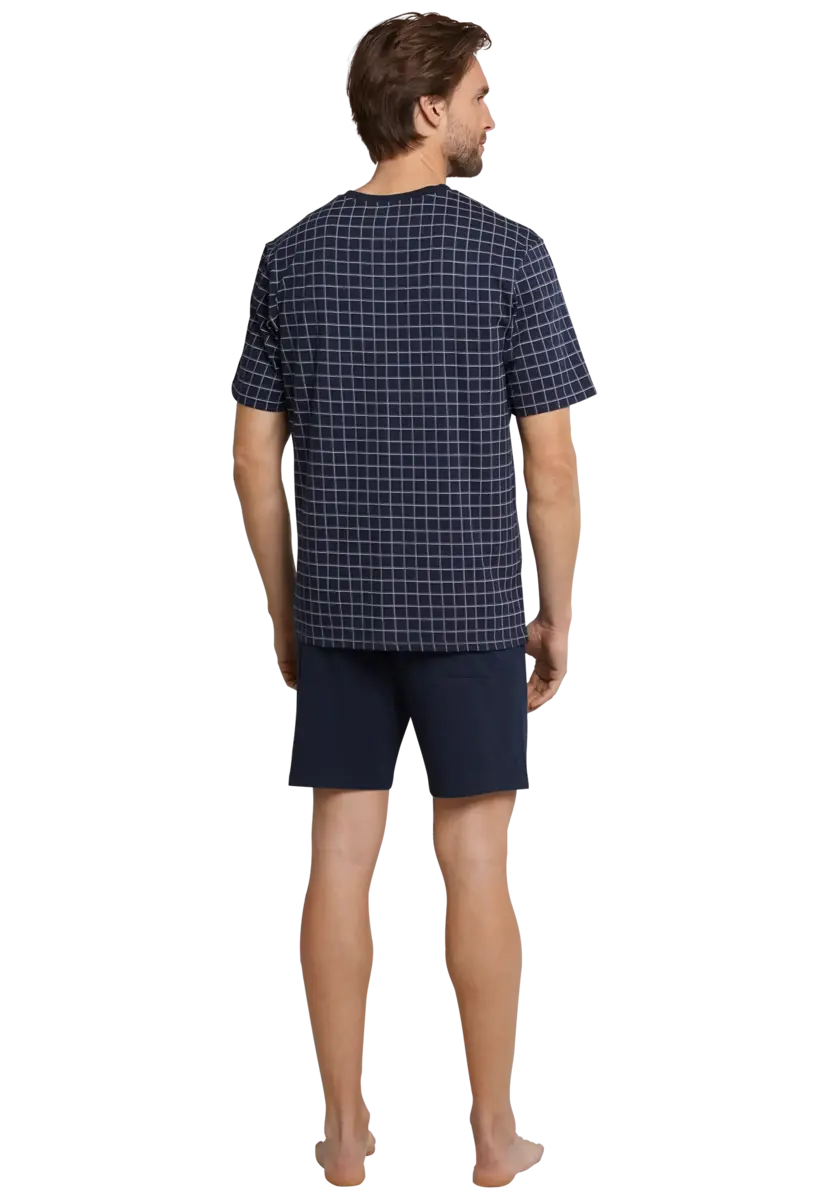Schiesser heren shortama - Ebony Blue - Ruit - Katoenen zomer pyjama korte broek korte mouw