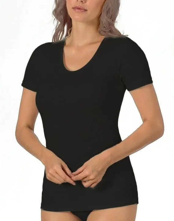 Entex dames thermo T-shirt korte mouw - Diepe ronde hals - Warm Wollen ondershirt