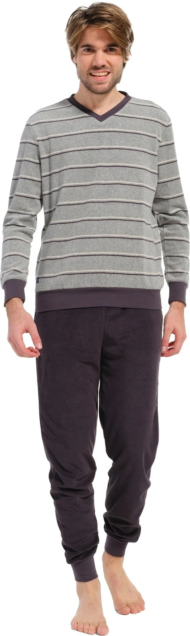 Pastunette Badstof Heren pyjama - Grey Stripes - Warme winter pyjama grijs
