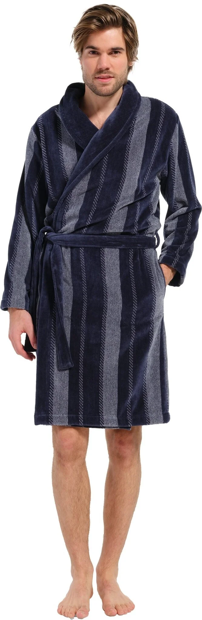 Pastunette heren badjas Velours - 115CM - Blue Stripe - Lange warme ochtendjas voor mannen