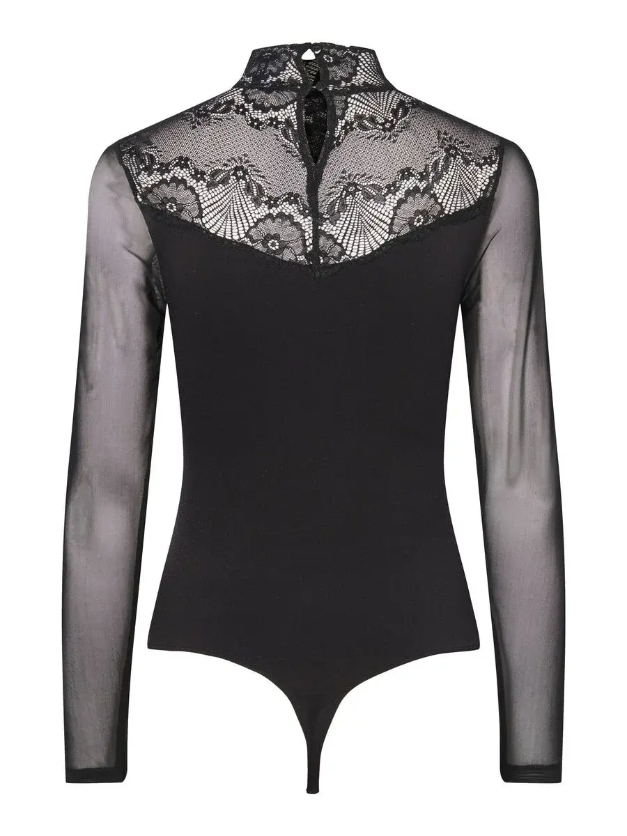Pieces kanten body lange mouw- Naya Bodystocking - Kanten bodysuit lange mouwen maat XS zwart Pieces kanten body lange mouw- Naya Bodystocking - Kanten bodysuit lange mouwen maat XS zwart