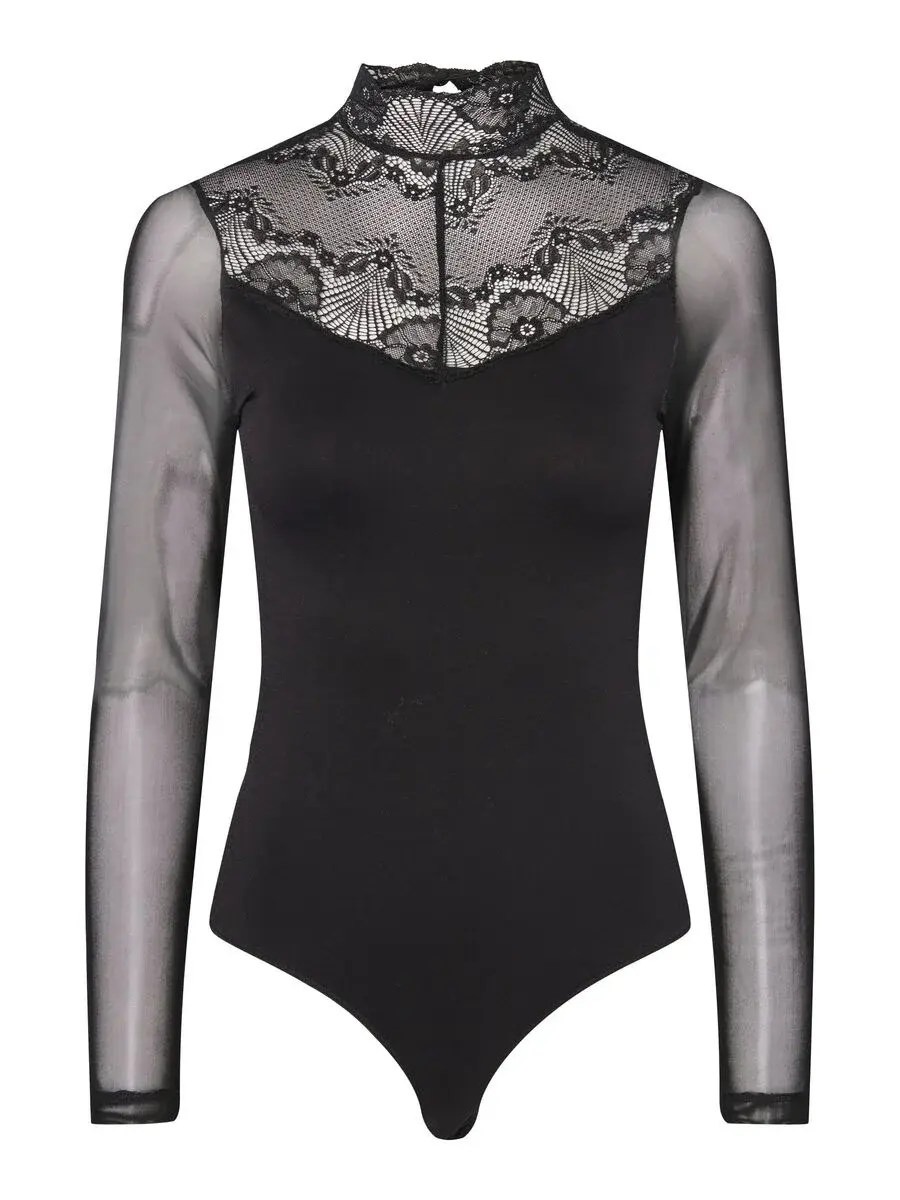 Pieces kanten body lange mouw- Naya Bodystocking - Kanten bodysuit lange mouwen maat XS zwart Pieces kanten body lange mouw- Naya Bodystocking - Kanten bodysuit lange mouwen maat XS zwart