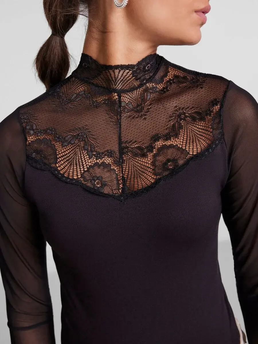 Pieces kanten body lange mouw- Naya Bodystocking - Kanten bodysuit lange mouwen maat XS zwart Pieces kanten body lange mouw- Naya Bodystocking - Kanten bodysuit lange mouwen maat XS zwart