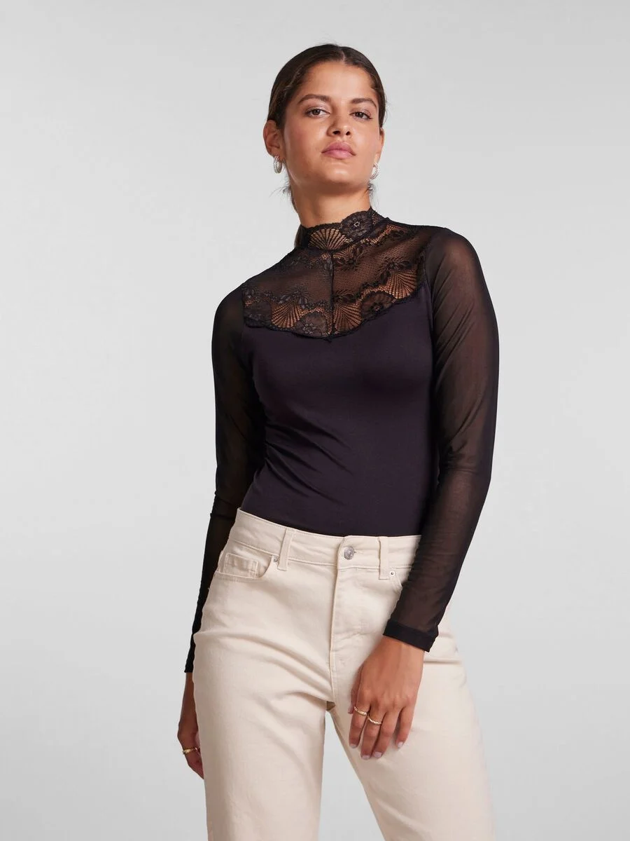 Pieces kanten body lange mouw- Naya Bodystocking - Kanten bodysuit lange mouwen maat XS zwart