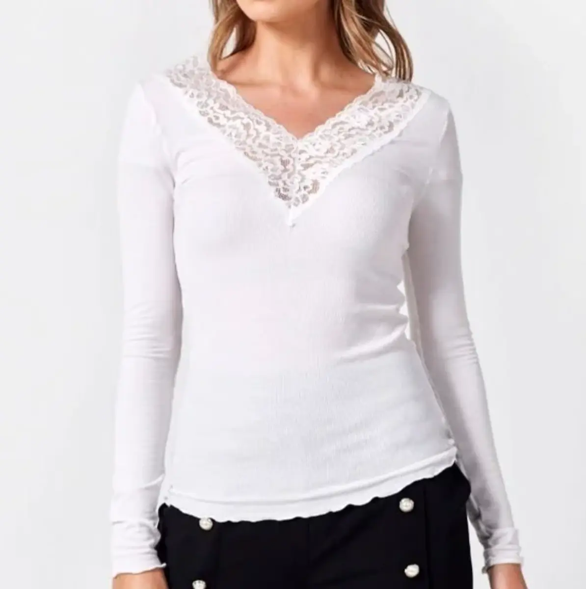 Pieces dames shirt Kant lange mouw - Siri - Zwart Viscose dames ondershirt lange mouw