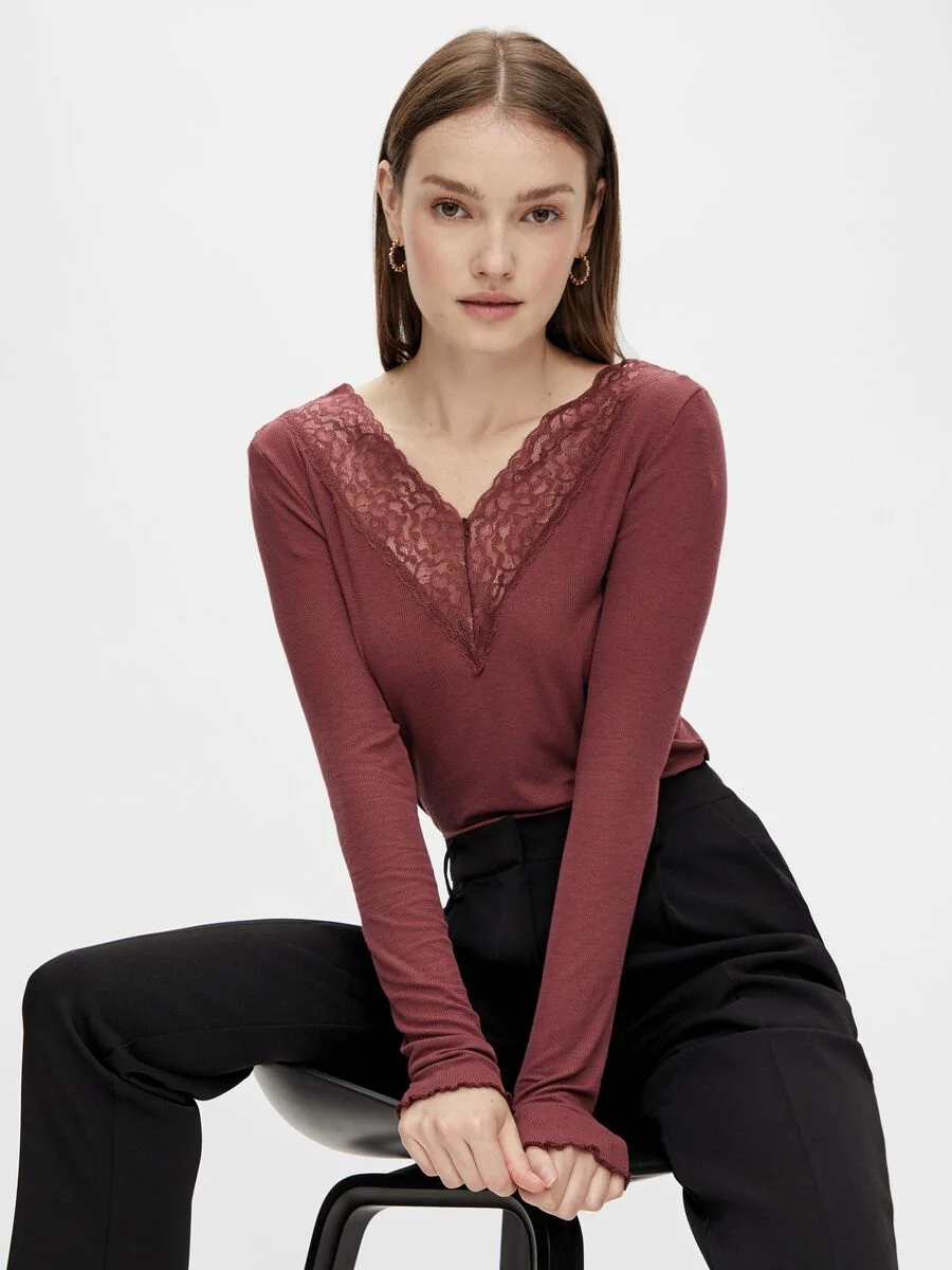 Pieces dames shirt Kant lange mouw - Siri - Zwart Viscose dames ondershirt lange mouw