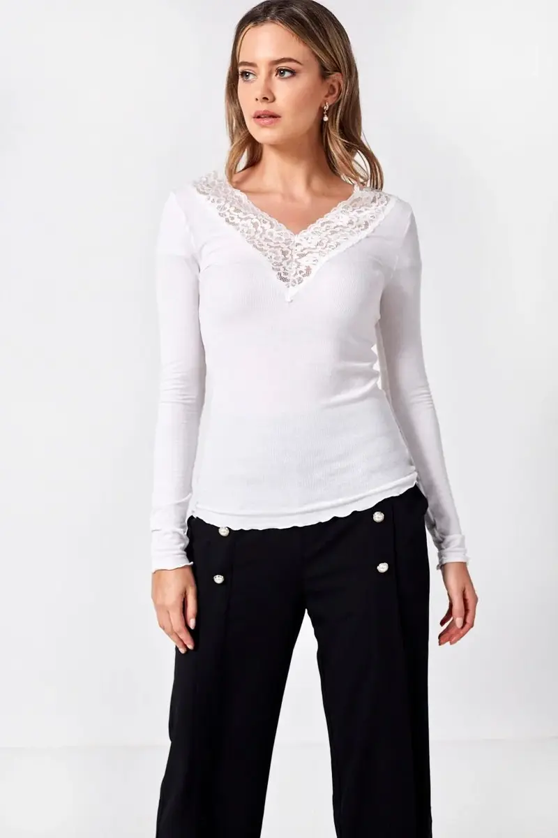 Pieces dames shirt Kant lange mouw - Siri - Zwart Viscose dames ondershirt lange mouw