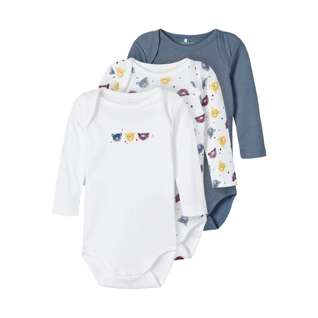 Name it 3-pack Rompertjes - Blue Bear - Biologisch katoen - lange mouw