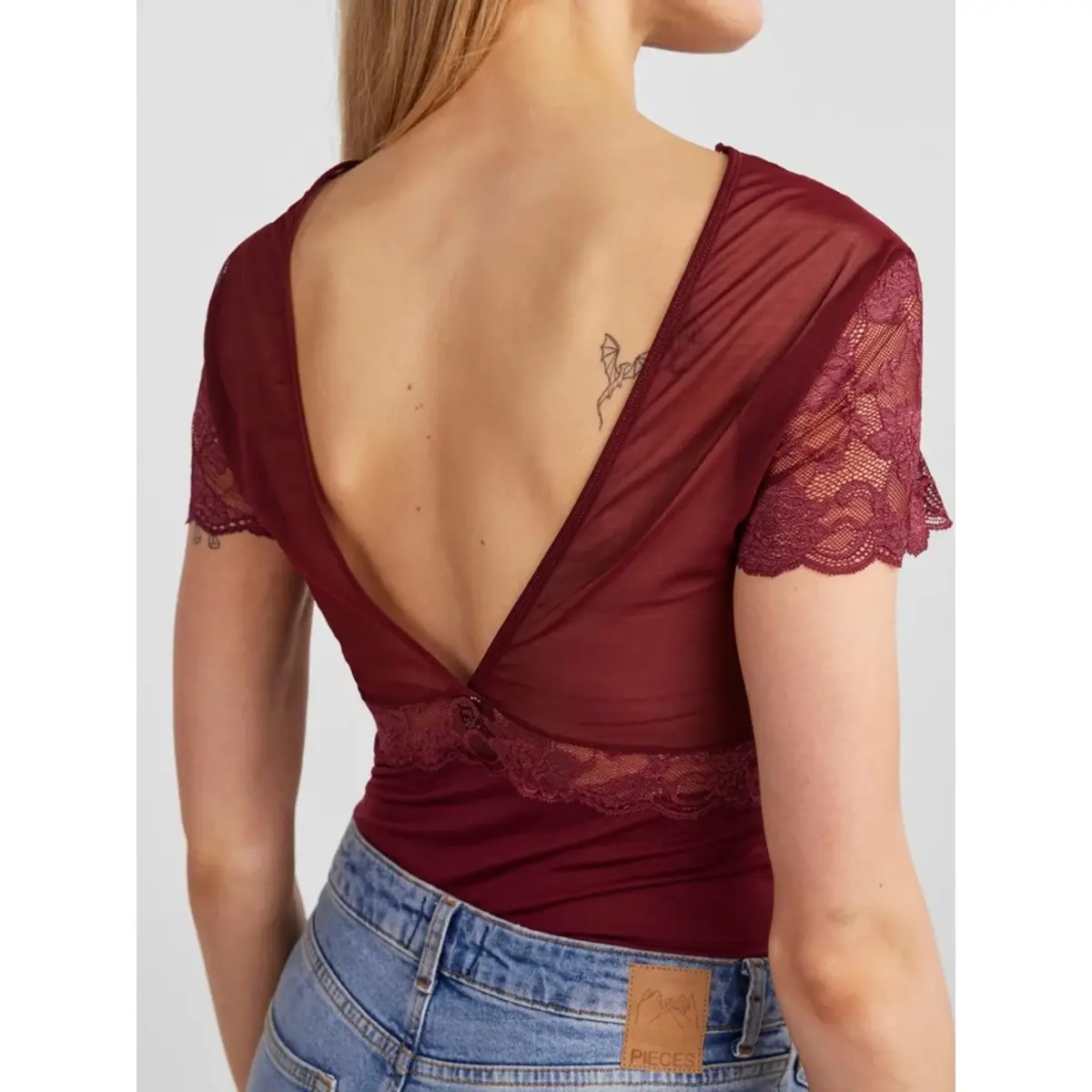 Pieces kanten body - Sicca Bodystocking - Kanten bordeaux bodysuit korte mouw Pieces kanten body - Sicca Bodystocking - Kanten bordeaux bodysuit korte mouw