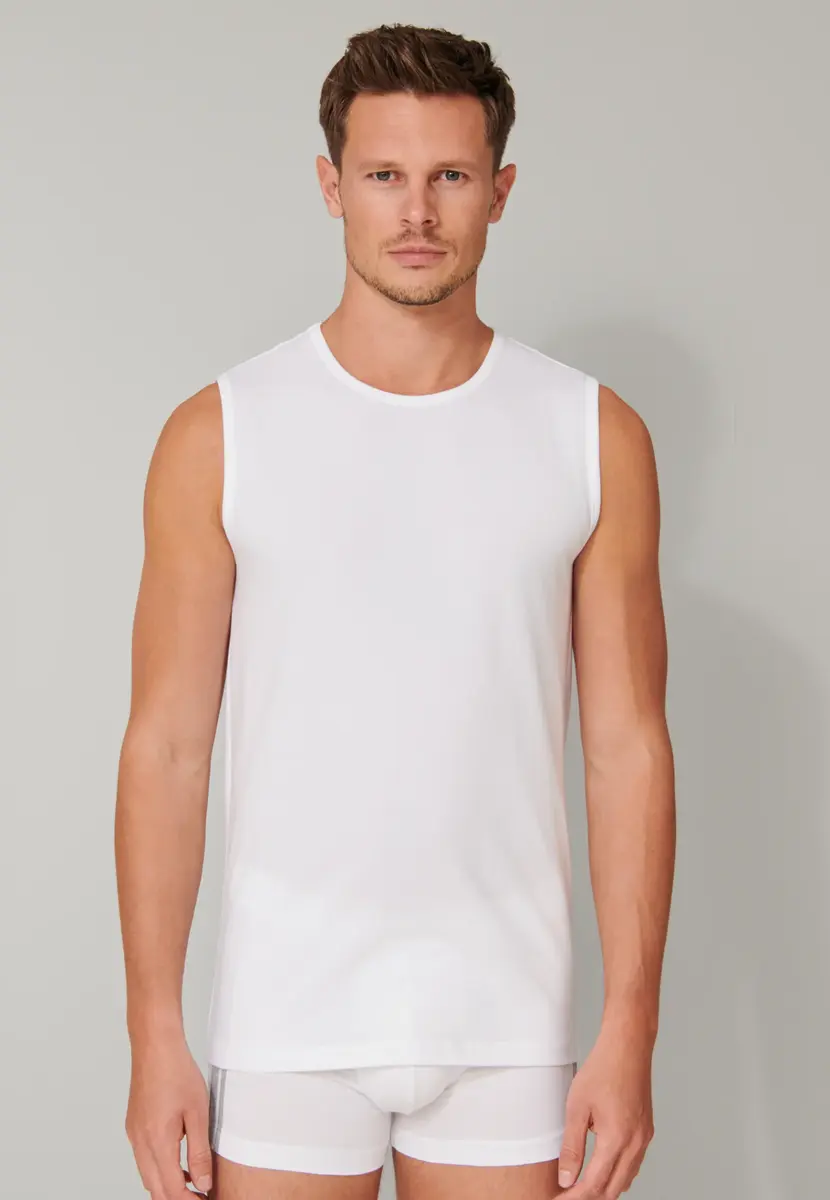 Schiesser 2-Pack mouwloos shirt - 95/5 - Biologisch katoen - Witte mouwloze shirts zonder mouwen met ronde hals