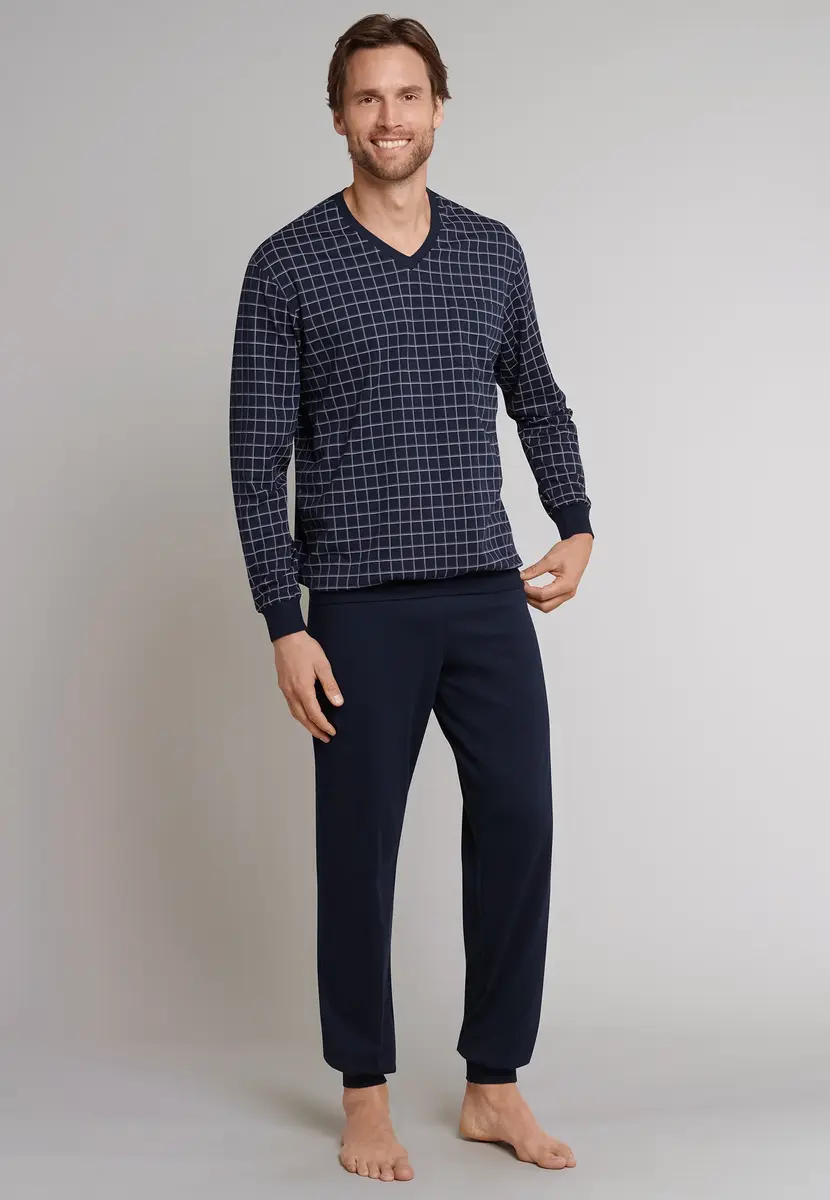 Schiesser pyjama heren katoen - Dark Sapphire - Nos - 100% Katoenen tricot heren pyjama blauw