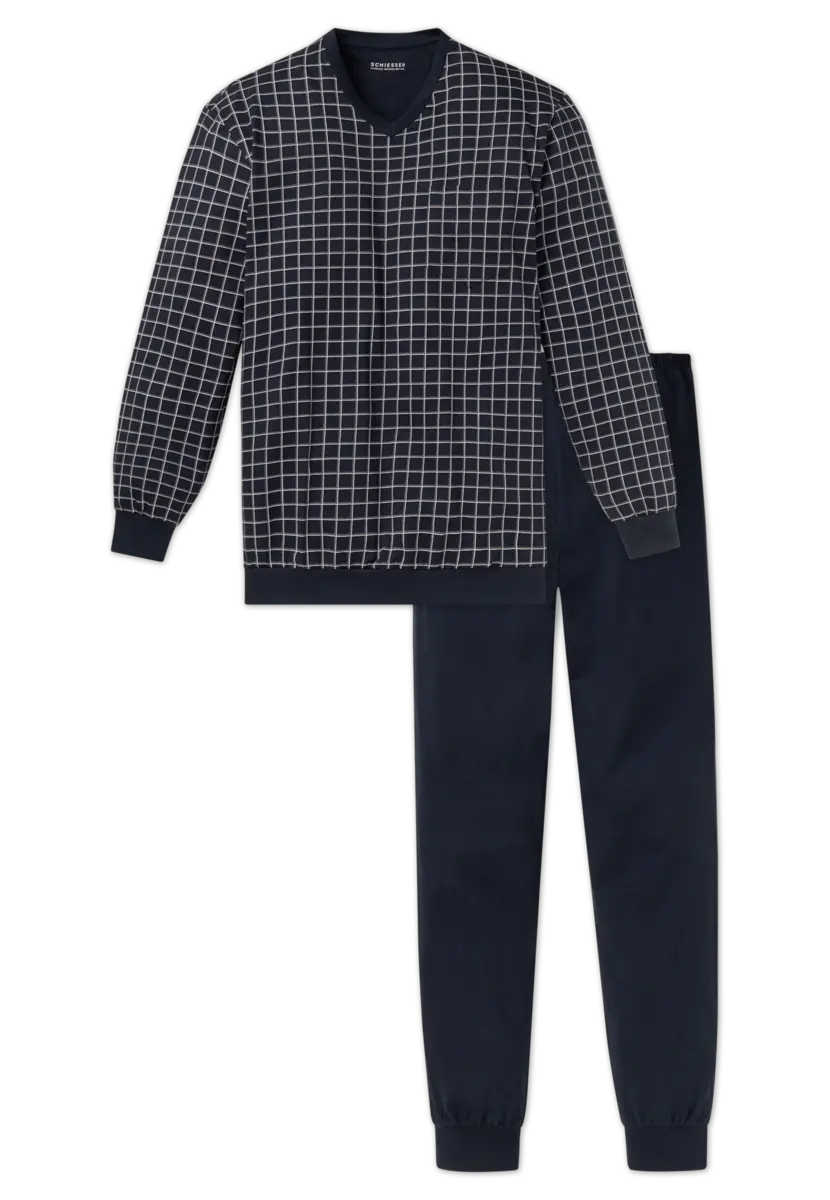 Schiesser pyjama heren katoen - Dark Sapphire - Nos - 100% Katoenen tricot heren pyjama blauw