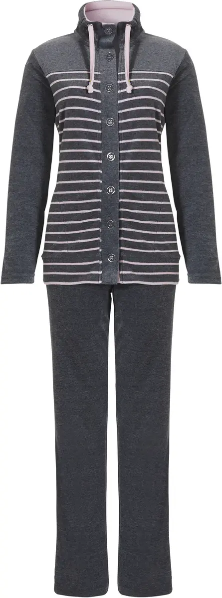 Pastunette pyjama pak dames velours - Grey stripe - Nos - Winter velours huispak 2-delig