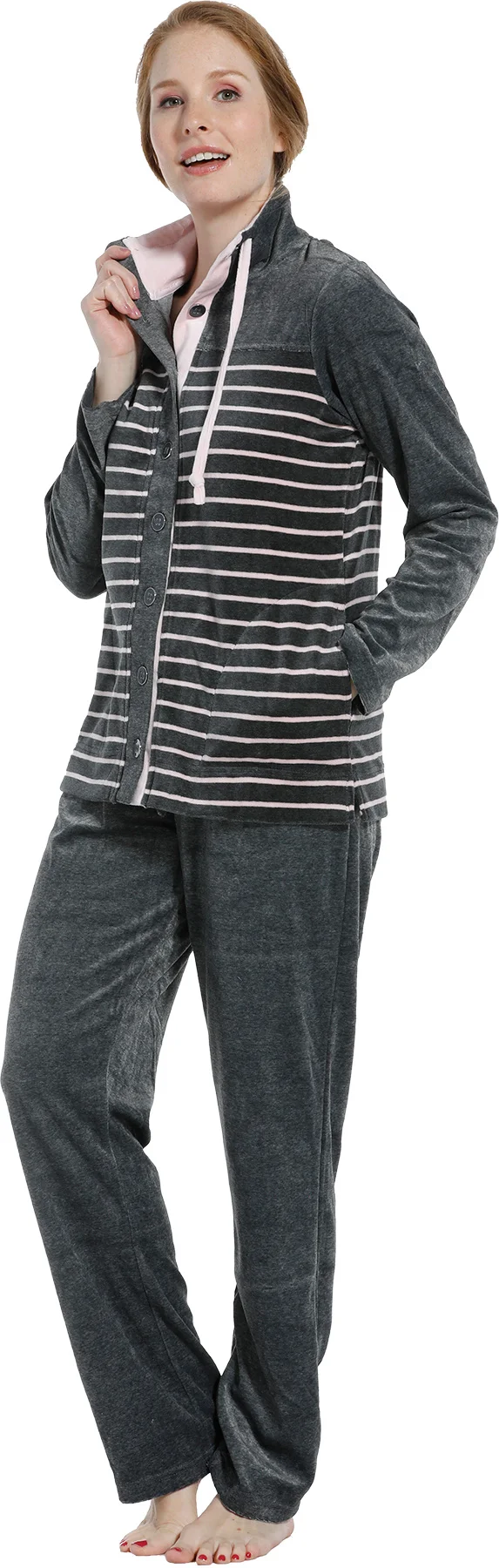 Pastunette pyjama pak dames velours - Grey stripe - Nos - Winter velours huispak 2-delig