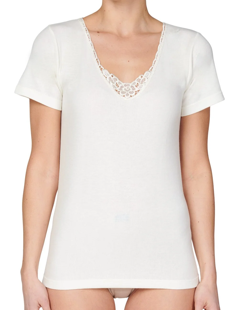 Entex dames thermo shirt korte mouw met kant - Wollen thermisch ondergoed dames