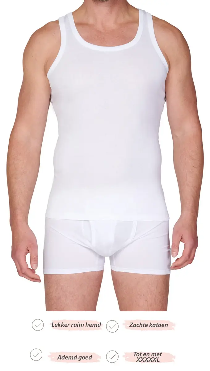 HL-tricot hemd heren wit - 100% Katoen  - Naadloos heren onderhemd - Mannen singlet - Slim fit