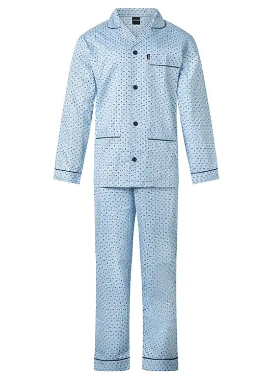 Gentlemen katoenen heren pyjama met knoopsluiting - Blauw - Katoenen doorknoop pyjama lange mouw