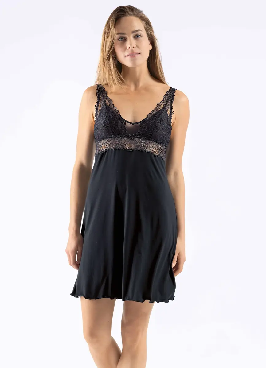 Nina von C Neglige 90CM - Modal - Graphite - Kanten dames nachthemd - Nachtjapon