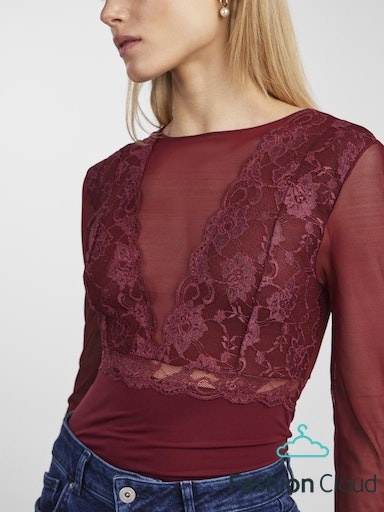 Pieces kanten body lange mouw zwart- Sicca Bodystocking - Luxe lingerie bodysuit - Zwart - Bordeaux
