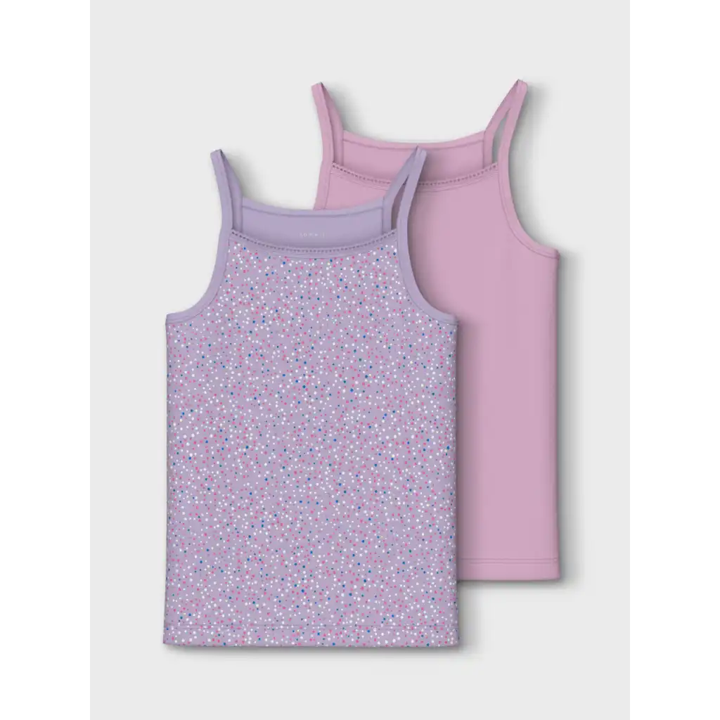Name it 2-pak meisjes hemdjes spaghetti bandjes - Lilac Dots - Kinderonderhemd roze - Katoen