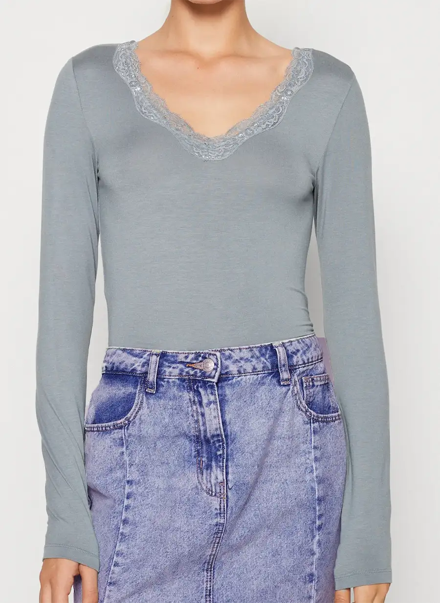 Pieces dames shirt Kant lange mouw - Barbera - Kanten dames ondershirt - Viscose