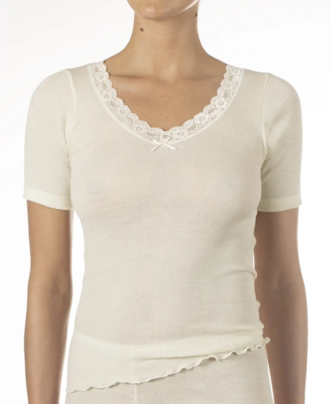 Nina von C dames wollen T-shirt met kant - Merino wollen thermo ondergoed korte mouw