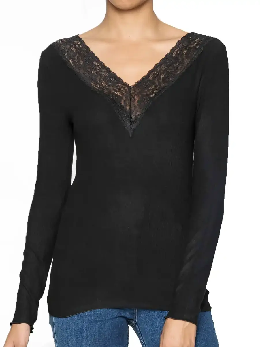 Pieces dames shirt Kant lange mouw - Siri - Zwart Viscose dames ondershirt lange mouw