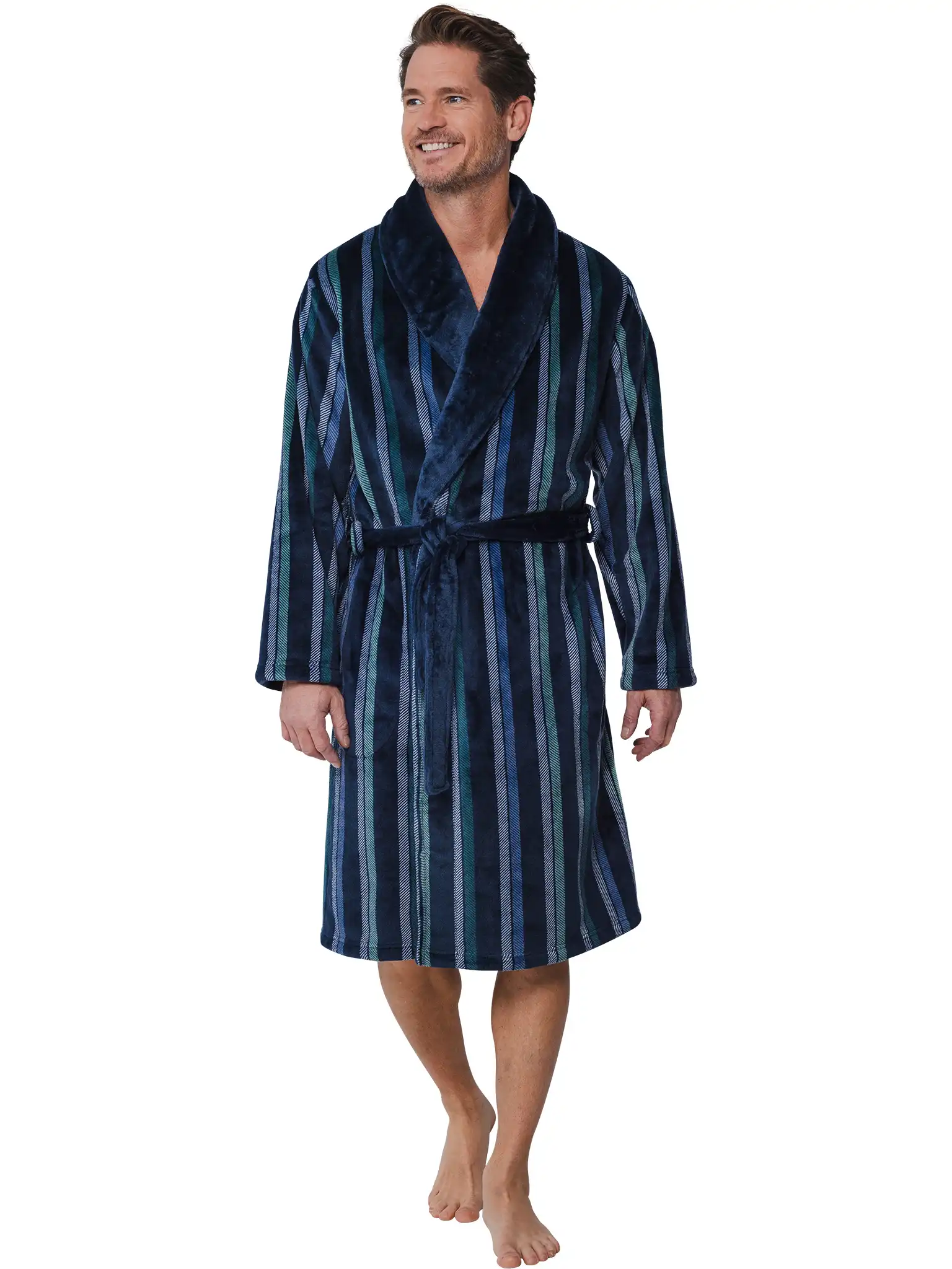 Pastunette Fleece heren badjas - Blauw - Warme winter ochtendjas met ceintuur en sjaalkraag